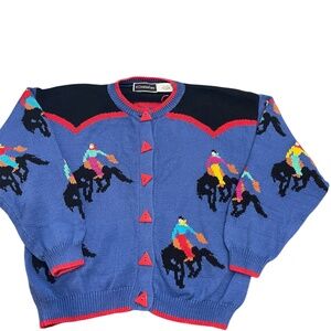 Vintage Christine Foley Equestrian Horse Sweater Cardigan Bucking Bronco 90s MED